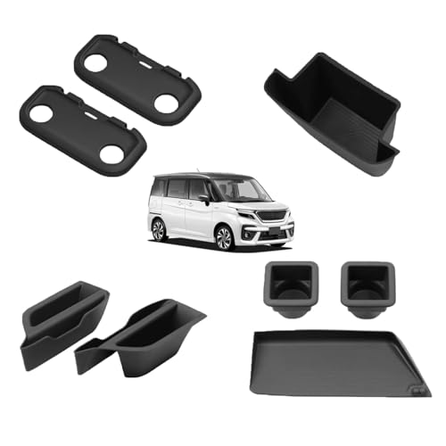 LUCKEASY R2.11-現行 新型 ソリオ ソリオバンディット 専用 センターボックス+オープントレイマット+シートバックテーブルマット+ ドアハンドルボックス SOLIO BANDIT 2020年11月～現行 ダッシュボード 収納トレイ 小物入れ 隙間収納 内蔵型 便利 騒音低減 衝撃吸収 傷防止 キズ隠し 置くだけ 簡単取付 アクセサリー 内装パーツ ブラック 4Pセット