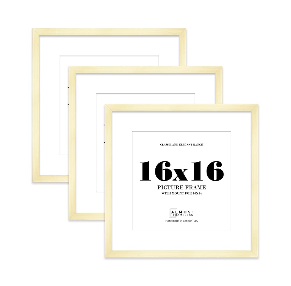 16x16 Gold Picture Frame with Mount for 14x14 Photos, Prints - Modern Square Wall Frame, Set of 3