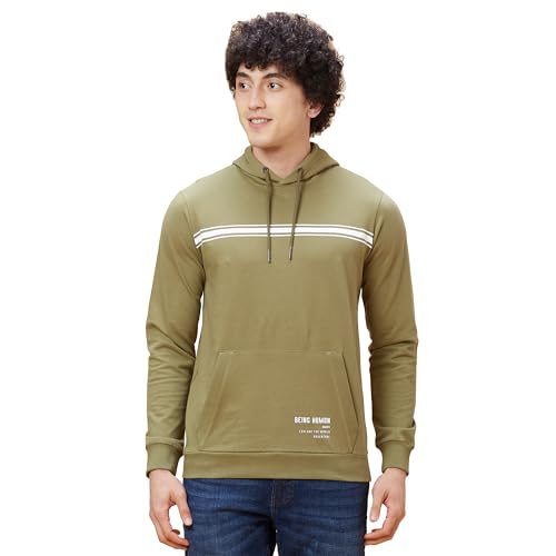 Image of Being Human Olive Regular Fit Long Sleeves Men's Hoodie Clothing