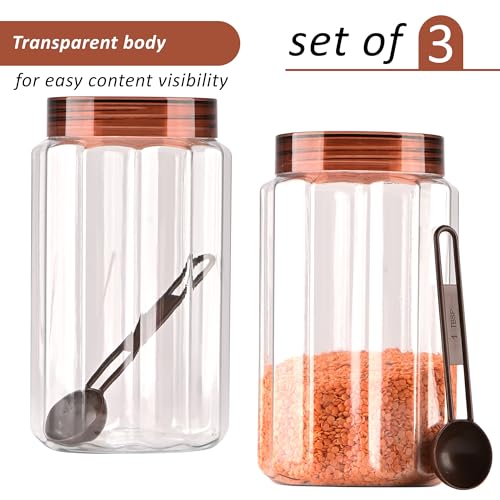 Image of Kuber Industries 1500 Ml Plastic Containers for Kitchen Storage Set of 3 | Multi-Purpose Airtight Kitchen Pet Jars and Containers Set for Spices, Pulses & Grains | Opal - Brown