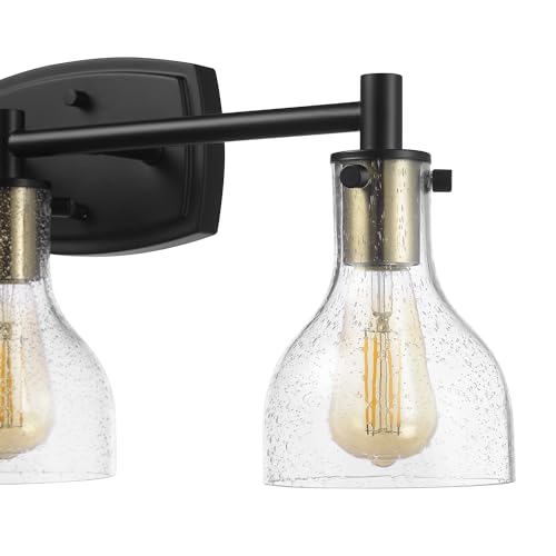 Image of GLOBE Electric 63000062 5-Piece All-in-One Bathroom Set, Matte Black & Brass, 3-Light Vanity Light, Seeded Glass, Towel Bar, Toilet Paper Holder, Towel Ring, Robe Hook, Bathroom Lights Over Mirror