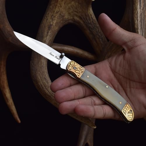 Knives Ranch Handmade Pocket Knife – Liner Lock Folding Knife with Brass Bolster & Natural Cattle Bone Handle – High Carbon Stainless Steel Blade – Scroll Engraving – (5129B-BR)
