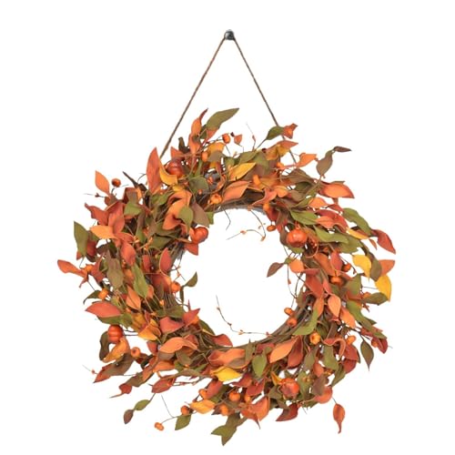 Corona de Halloween - Decoración de corona de calabaza, corona de puerta de entrada artificial de 50 cm | Corona de hojas de otoño con bayas y manzanas de pino, decoración de Acción de Gracias,