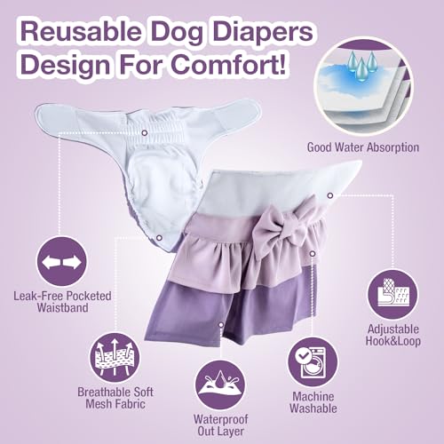 Pet Soft Female Dog Diapers - 3 Pack Washable Dress-Style Dog Diapers Female for Girl Dogs in Heat - Reusable Doggy Period Panties Puppy Diaper (Classic, XS) - Thumbnail 2