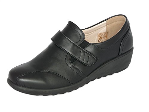 Cushion Walk EEE Wide Fitting Women's Ladies Lightweight Black Leather-Lined Touch Fastening Low Wedge Shoes, Casual Work Office Comfort Shoes (Black, Numeric_8)