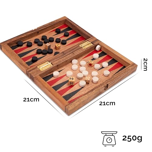 Backgammon + Dame Gr. S - aus Holz mit klappbarem Spielbrett 21 x 21 cm und rot/schwarzen Backgammon-Feldern