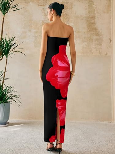 Image of PRETTYGARDEN Women Summer Strapless Maxi Dress Bodycon Floral Sexy Long Wedding Guest Dress Formal Tube Mesh Cocktail Dresses