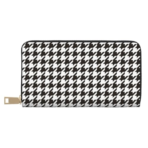 Houndstooth Black and White Print Wallet Women Men, Long PU Leather Wallets for Women, Cute Womens Travel Wallet Purse Pouch with Zipper Pocket
