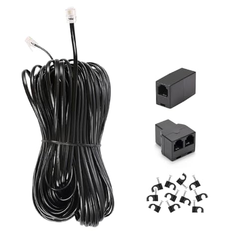 Long Telephone Extension Cord 100 FT, Black, Phone Cable Wire with Standard RJ11 Plug, 1 Phone Line Splitter, 1 in-line Coupler and 65 Cable Clips for Telephone Calling Communication