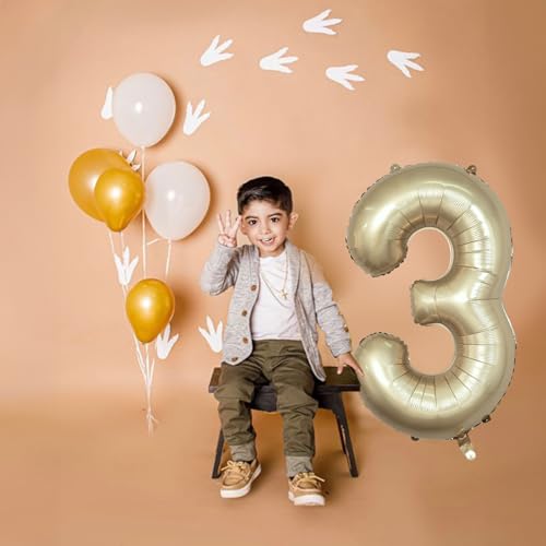 Image of Large Light Gold 3 Balloons, 40 Inch Metallic Champagne Gold Helium Mylar Foil Globos Numero for Boys Girls, Self Inflating 3rd Birthday Balloon for Women Men Anniversary Party Decorations Supplies