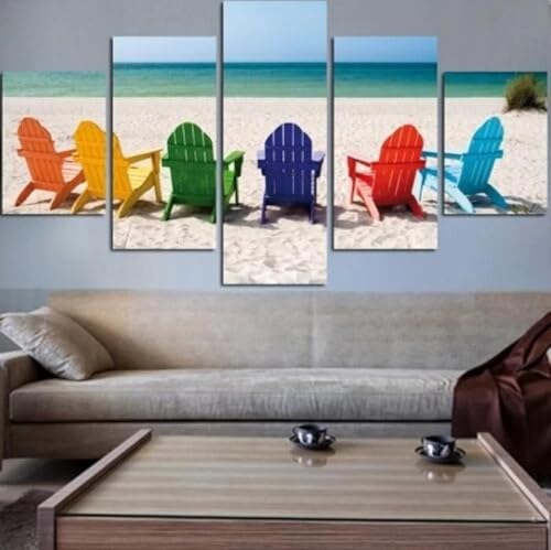 Peinture murale sur toile paysage de chaise de plage avec cadre 5 pcs