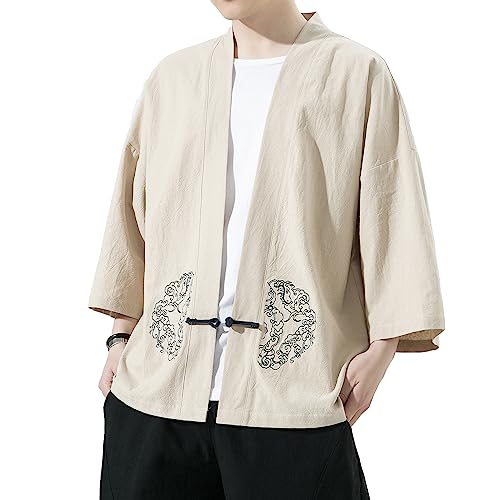 Image of Mens Kimono Cardigan Cotton Linen Japanese Shirt 3 /4 Sleeve Haori Yukata | Skin-Friendly Solid Color Lightweight Shawl Collar Kimono Robe Embroidery Button Tie Pockets Happi Coat All Season Daily Wear