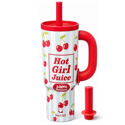 Image of House of Quirk 1200ml Stainless Steel Tumbler with Handle, Straw & Straw Cap | Leakproof Water Bottle | Large Capacity Travel Mug (Cherry Pop)