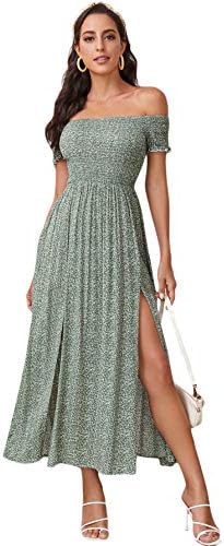 Floerns Women's Boho Floral Print Off Shoulder Split Long A Line Dress A Green S