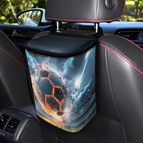 Image of Talayituse Soccer Ball Lightning Print Car Trash Can with Lid, Leak Proof Auto Trash Bag Hanging Vehicle Garbage Can Multipurpose Storage Container for Back Seat Road Trip