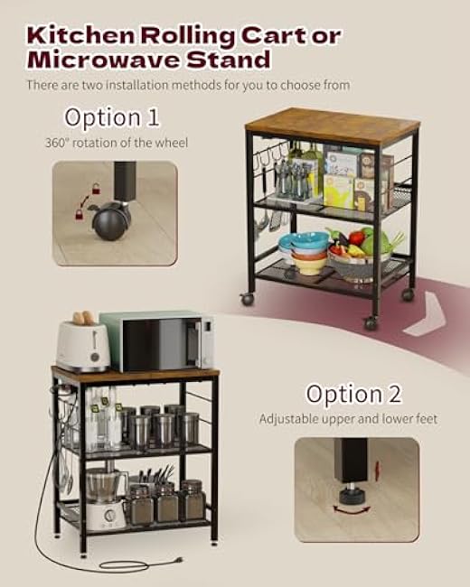 Kitchen Rolling Cart with Storage, 3 Tier Microwave Stand on Lockable Wheels, Small Utility Cart, Coffee bar&Tea Table, Organizer Shelves for Kitchen, Office, Living Room-QP049Npd