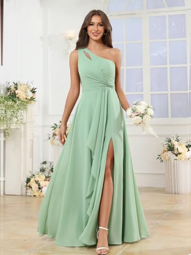 BANTRATIC One Shoulder Bridesmaid Dress Chiffon Ruffle Slit Maxi Wedding Guest Ruched Empire Waist Flowy Formal Evening Gown3