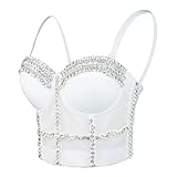 ELLACCI Women's Diamond Chain Mesh Bustier Crop Top Push Up Corset Top Bralet White X-Small