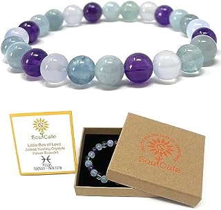 Pisces Zodiac Crystal Bracelet - Power Bead Bracelet - Zodiac Birthstones - Gift Box & Pisces Tag - Aquamarine, Blue Lace Agate, Fluorite, Amethyst