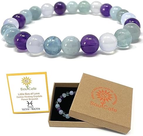 Pisces Zodiac Crystal Bracelet - Power Bead Bracelet - Zodiac Birthstones - Gift Box & Pisces Tag - Aquamarine, Blue Lace Agate, Fluorite, Amethyst