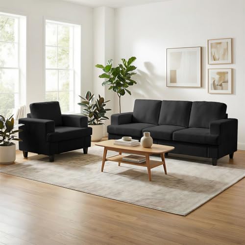 Image of Mjkone 82 inch Width 2 Piece Living Room Furniture Sofa Set, Modular 3 Seater Sofa Couch and Armchair Sets, Chenille Fabric Sectional Sofas Couch Sets for Living Room Studio Home Apartment, Dark Grey