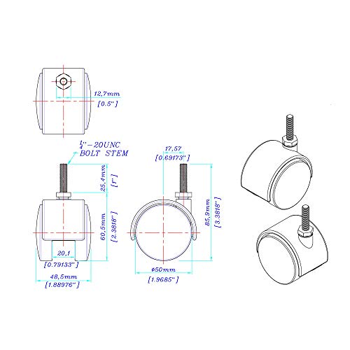 Outwater's Premium 2 Inch Heavy Duty Gusset Reinforced Caster Wheels Without Brakes (Samson) Sams-4-Bk With 1/4-20 X 1" Threaded Stem #TOP1