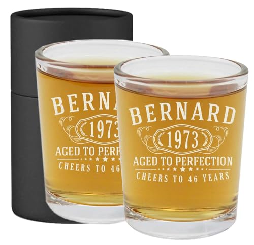 Personalized Etched 2.5oz Shot Glasses 2pk - Customized Birthday Gifts Men Women, Custom Engraved Name Age, Anniversary Retirement Gift Ideas Him Her, Cheers to Turning Years Old, Cute, Bernard
