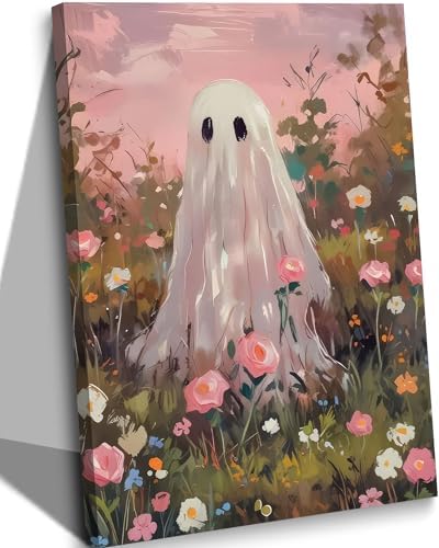 Halloween Ghost Floral Canvas Wall Art, Pink Flower Field Print 1...