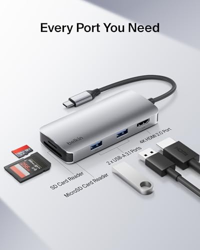 Image of Belkin USB Hub for Laptop 5-in-1, USB C Hub - Multi Port Adapter with 4K HDMI @ 60Hz, 2X USB-A, SD & MicroSD Card Slots, 5Gbps Transfer | Type C Hub Doc for MacBook Pro, Air, iPad Pro, XPS