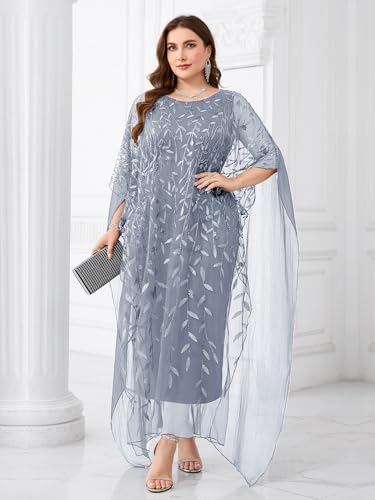 Image of Plus Size Sparkly Formal Evening Gown Sequin Cape Overlay Mother of Bride Dress Wedding Guest Cocktail Party