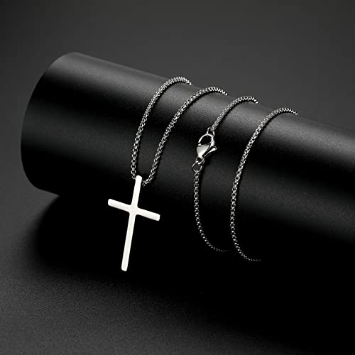 Cross Necklace For Women Men Stainless Steel 18K Gold Plated Cross Pendant Box Chain Black Silver Simple Cross Necklaces Religious Jewelry Gifts For Boys 20 Inches #TOP4