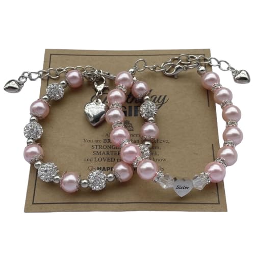 Image of DOLON 2 Pcs Imitation Pink Pearls Crystal Beads Heart Charm Bracelets Gift for Granddaughter,Sister,Daughter with Graduation Birthday Christmas First Day Wish Card
