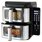 Vencier 11L Dual Basket Stack Air Fryer – Cyclone Fan, 2x5.5L Baskets, Slim Vertical, Foldable Touchscreen, 10 Pre-Sets, Dual Cook & Sync, Black/SS