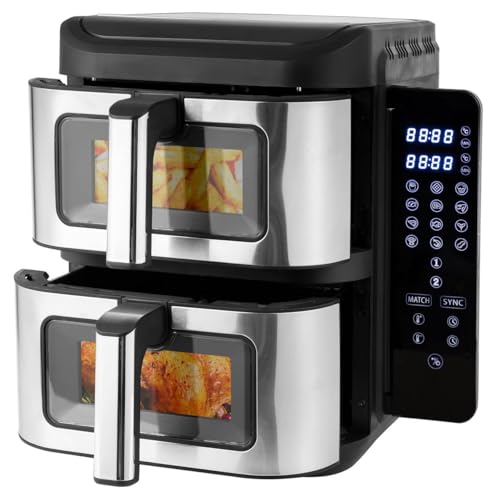 Vencier 11L Dual Basket Stack Air Fryer – Cyclone Fan, 2x5.5L Baskets, Slim Vertical, Foldable Touchscreen, 10 Pre-Sets, Dual Cook & Sync, Black/SS