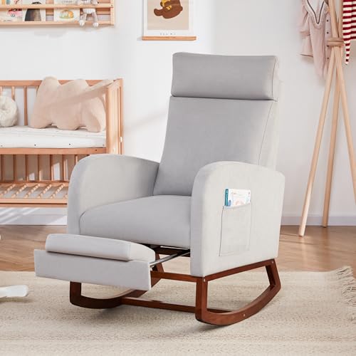 Image of Nursery Rocking Chairs with High Back, Rocking Chair Nursery Chair with Foot Rest, Baby Nursery Glider Rocker, Nursing Chair, Glider Rocking Chair Accent Living Room (Linen Grey)