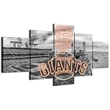 Neon effect Giants Sign With San Francisco Baseball Stadium B&W Panoramic Poster (5-Panel Framed Canvas Printing Full Size: 80X150cm) Home Decor Man Cave Wall Art