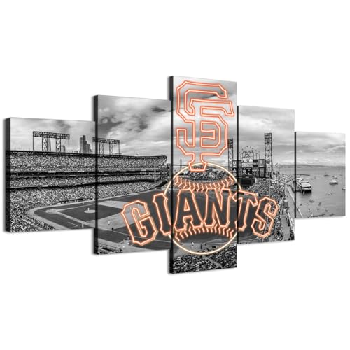 Neon effect Giants Sign With San Francisco Baseball Stadium B&W Panoramic Poster (5-Panel Framed Canvas Printing Full Size: 80X150cm) Home Decor Man Cave Wall Art