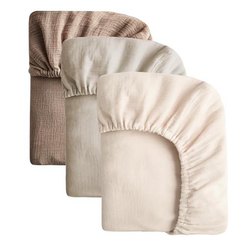 Image of SOULFUL Muslin Crib Sheets for Boys Girls, 3 Pack Soft and Breathable Cotton Fitted Crib Sheets for Standard Crib Mattress (28"x 52", Beige & Light Tan & Brown)