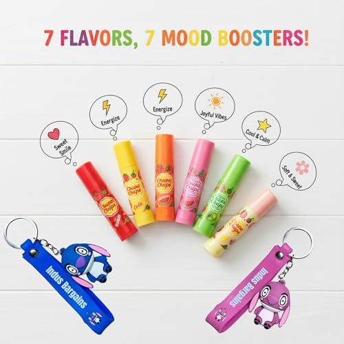 Chupa Chups Lip Balm Set Pack of 7 Fruity Flavors | Moisturizing Lip Care Gift for Kids, Teens & Adults, Sweet Scented Lip Gloss for Soft, Smooth, Hydrated Lips All Day | Keychains in Pink or Blue - Image 6