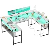 Unikito U Shaped Computer Desk with Monitor Stand and LED Lights, Reversible L Shaped Office Desk with Power Outlets and Storage Shelves, U- Shaped Gaming Desk, 130 Inch 2 Person Long Table, White