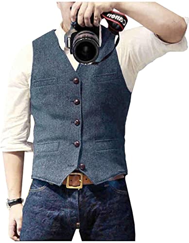 Image of Mens Suit Vest Waistcoat Tweed Retro V Neck Wool Herringbone for Prom