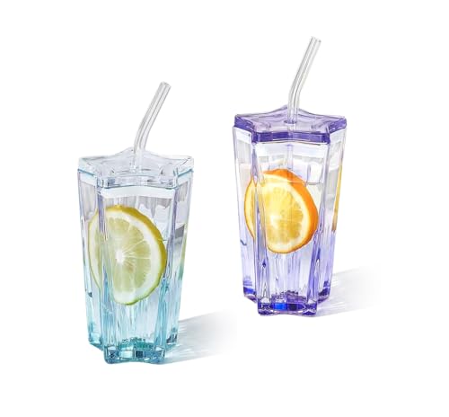 LARYVIN 10oz Glass Drinking Jars with Straw Set of 2 - Drinking Cups with Glass Silicone lid for Cold & Hot Drinks - Novel Pentagram Design Mason Jars & Glass Straws. (Blue/Purple)