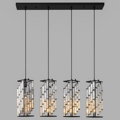 FDPBY 4-Light Adjustable Pendant Light, Modern Mini Crystal Chandelier with Black Metal Frame, Kitchen Island Lighting for Dining Room, Bedroom, Easy Installation