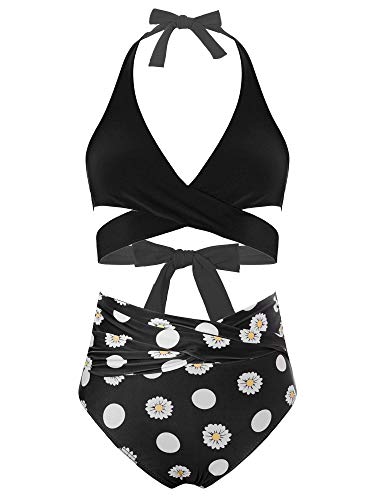 TTAO Conjunto de bikini sexy para mujer, traje de baño de dos piezas, push up, parte superior de bikini+cintura alta, pantalones cortos de baño con estampado S-XXL, Black Daisy, XL