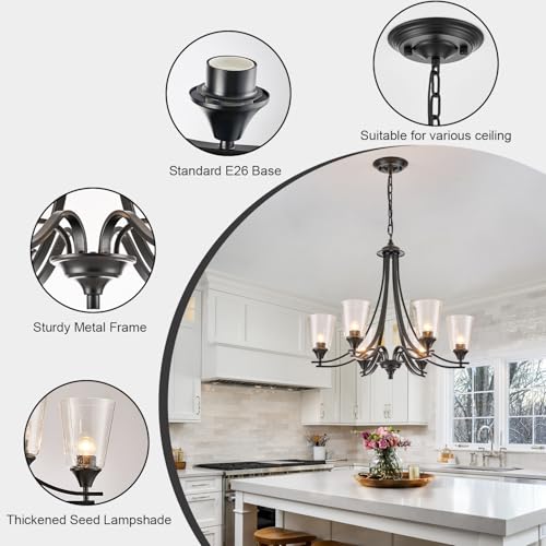 Image of 6-Lights Modern Chandeliers Black with Seed Glass Lampshade Dinging Room Light Adjustable Height 47.2 Ceiling Hanging Lights for Kitchen Island Living Room Dinging Table