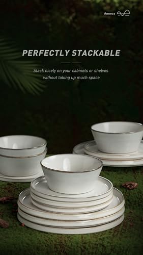 Famiware Annecy Dinner Plates and Bowls Sets, Stoneware Dinnerware Sets, Dishes Set for 4, 12 Pieces Handmade Dishware Set - Microwave & Dishwasher Safe, Double Reactive Glaze Tableware, Grey-White - Image 4