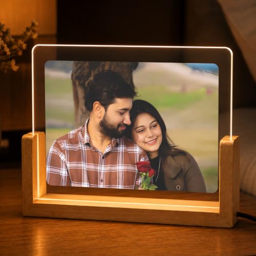Image of Giftplease Personalized LED Acrylic Photo Frame for Couple with Custom Picture, Wooden Base Night Lamp, Romantic Bedroom Table Decor, Anniversary Memory Display, Birthday, Housewarming, Wedding