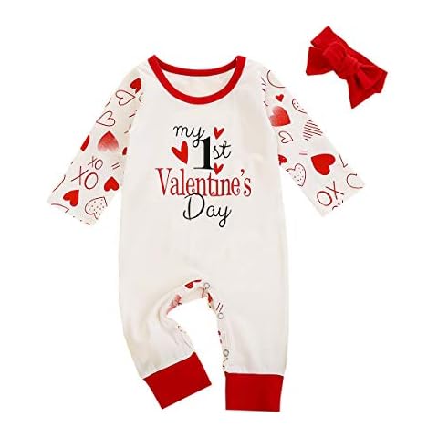 Guodeunh My First Valentine's Day Baby Girl Romper Newborn Long Sleeve Heart Print Knitted Button Down Jumpsuit Headband, White, 12- 18 Months Cover