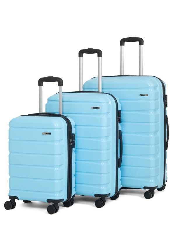 Image of Teakwood Small-Medium-Large 8 Wheels Trolley Bag, Hard Cabin with Zipper Closure, Adjustable Push Button & Cross Side Strap, TSA Lock System 360 Degree (Set of 3, Sky Blue)