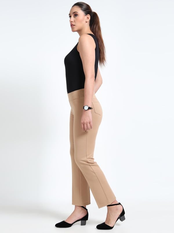 Image of Women Formal Pants Straight Leg Tummy Tucker for Ladies with 2 Back Pockets - 4 Inch Waist Elastic Compression